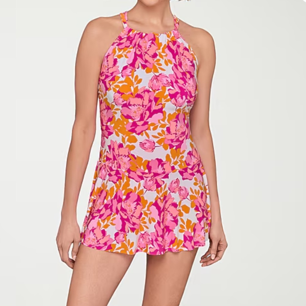 Liz Claiborne Floral Halter Pink & Orange Swimdress Sz 12 NWT $109